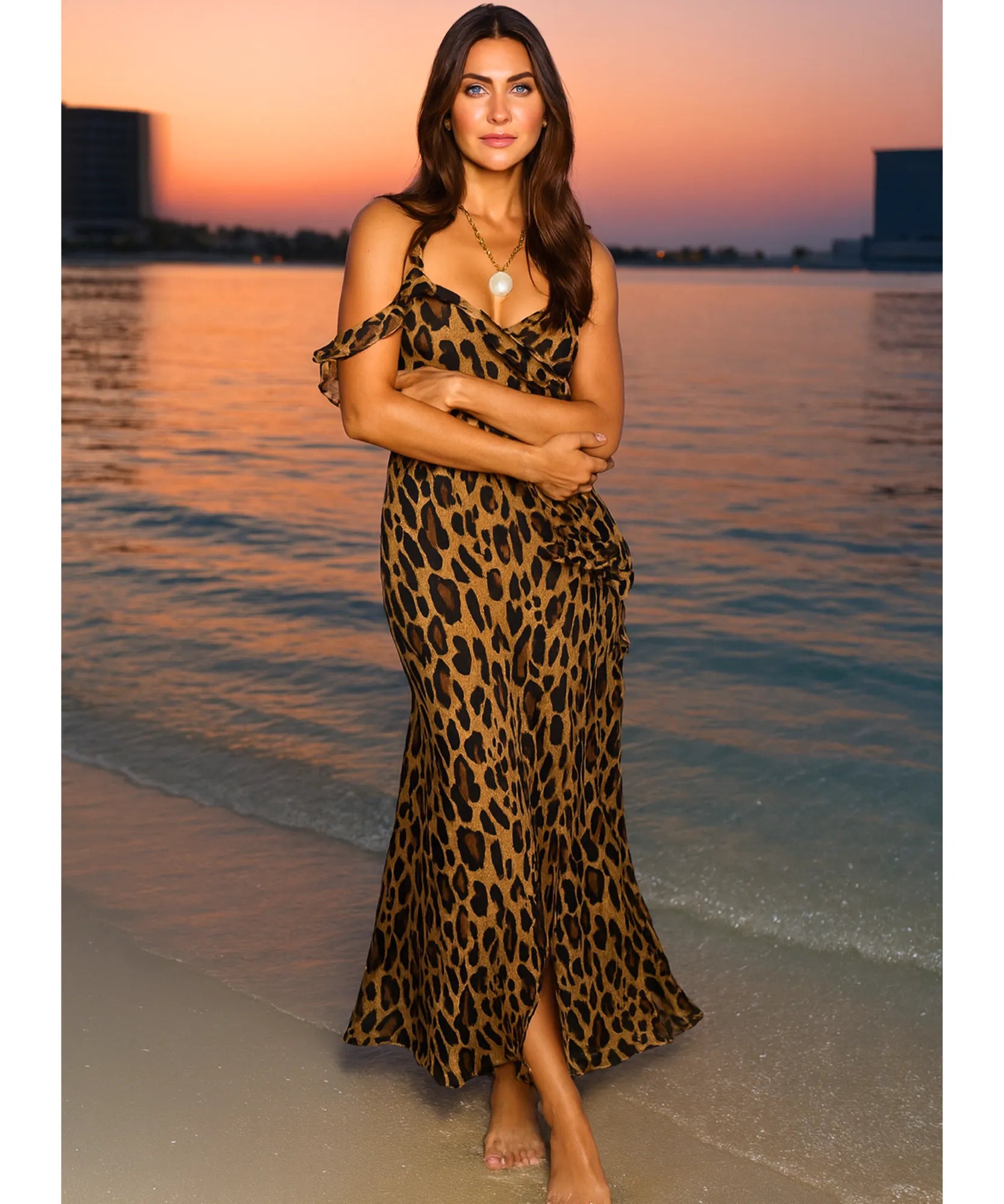 Vestido Longo Elegante Estampado Animal Print com Fenda | Riley