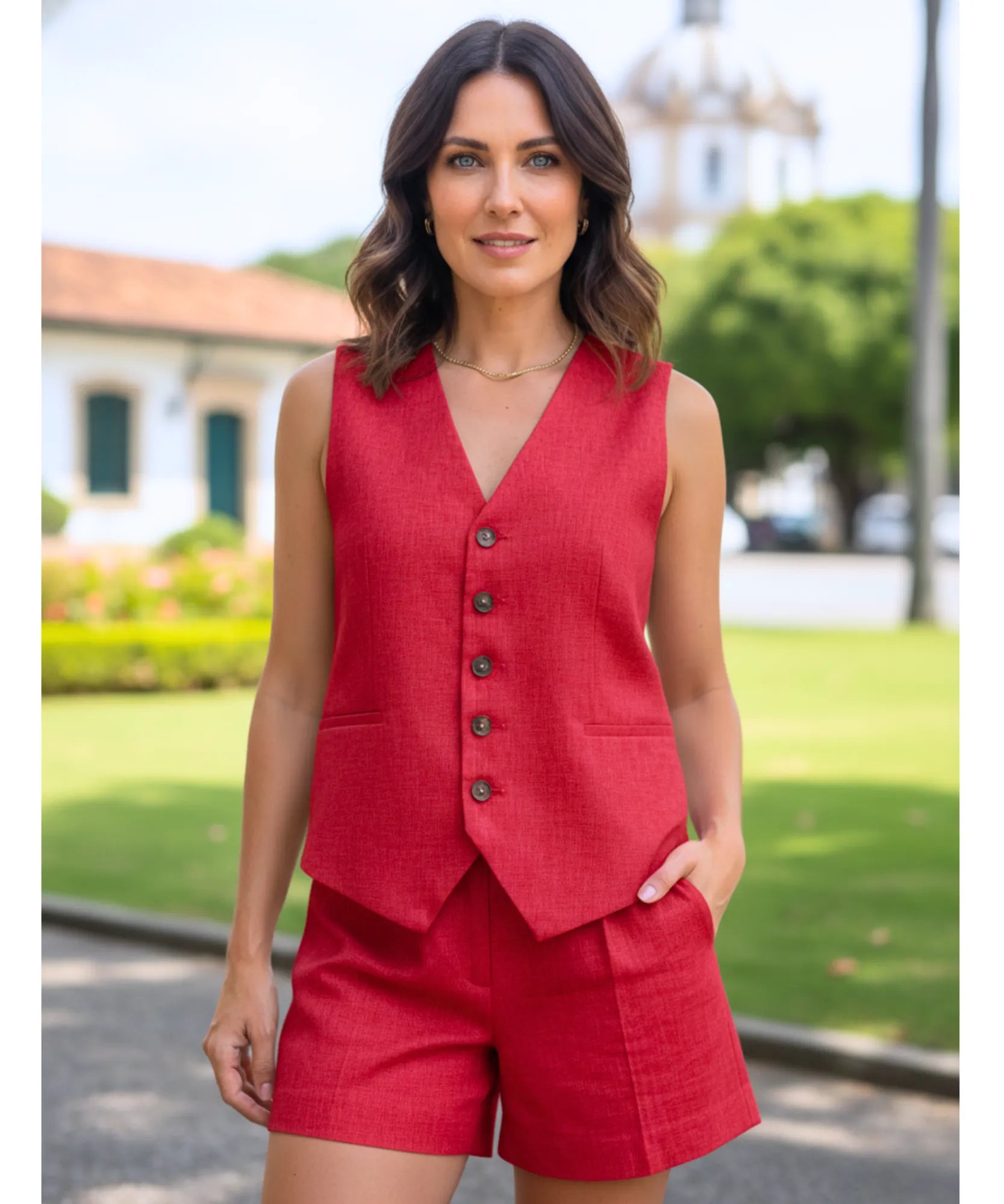 Conjunto Feminino Alfaiataria Colete e Short Linho | Fefa