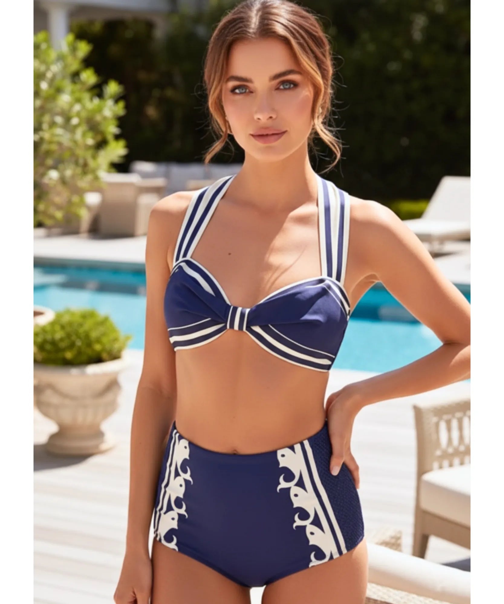Conjunto Biquíni Listrado 3 Peças Cintura Alta Feminino | Italy