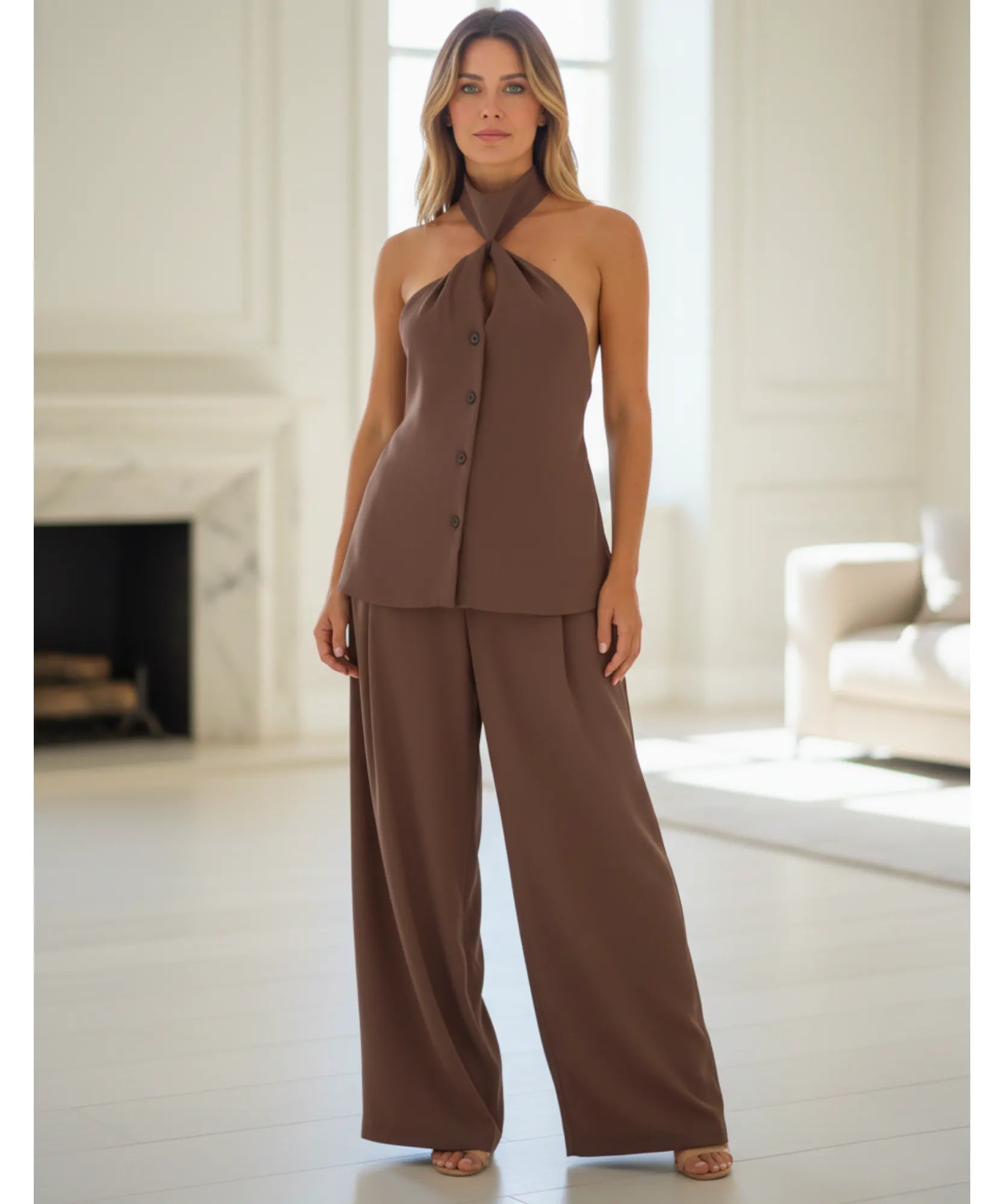 Conjunto Feminino Calça Pantalona e Blusa Amarração Casual | Bia