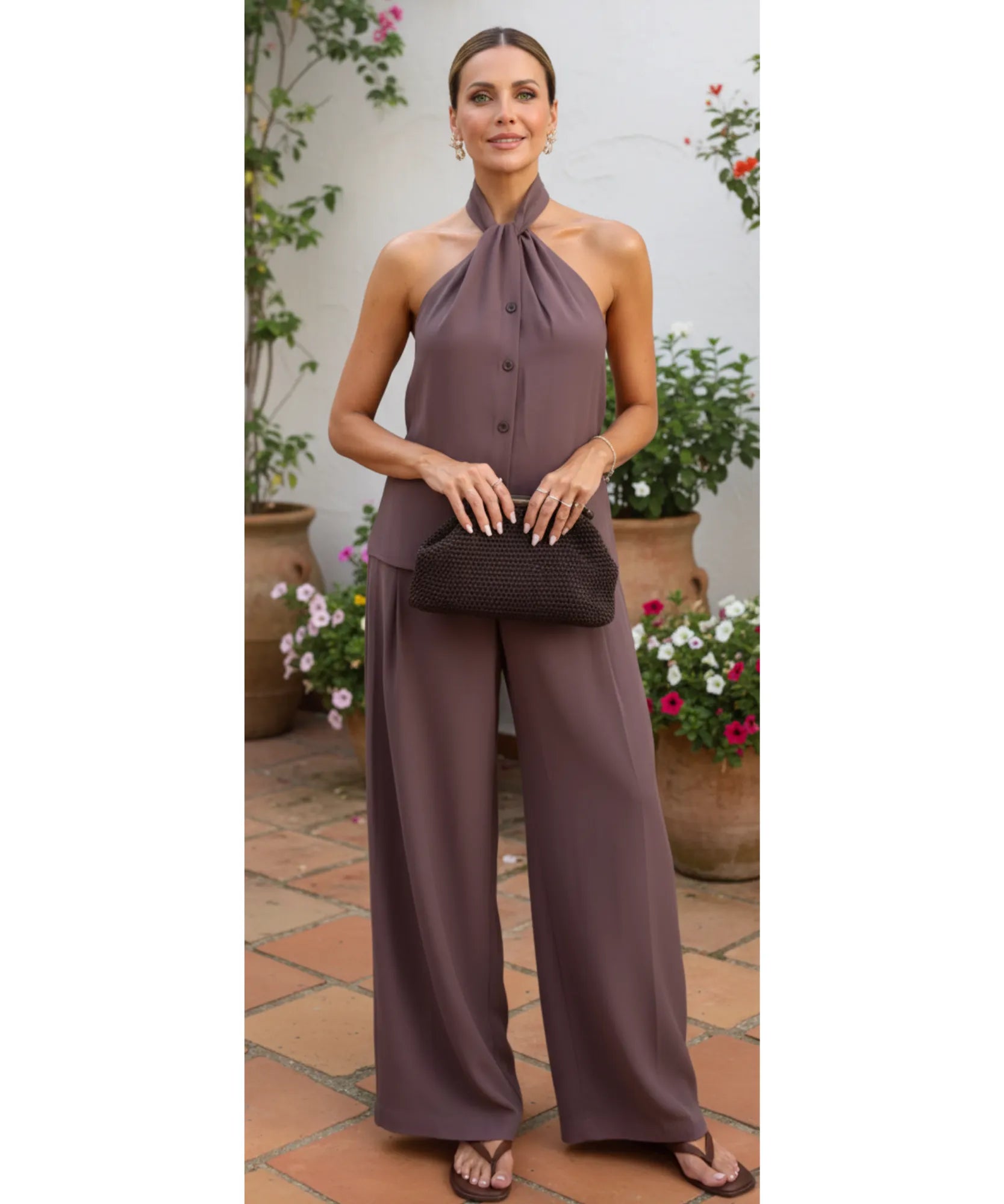 Conjunto Feminino Calça Pantalona e Blusa Amarração Casual | Bia