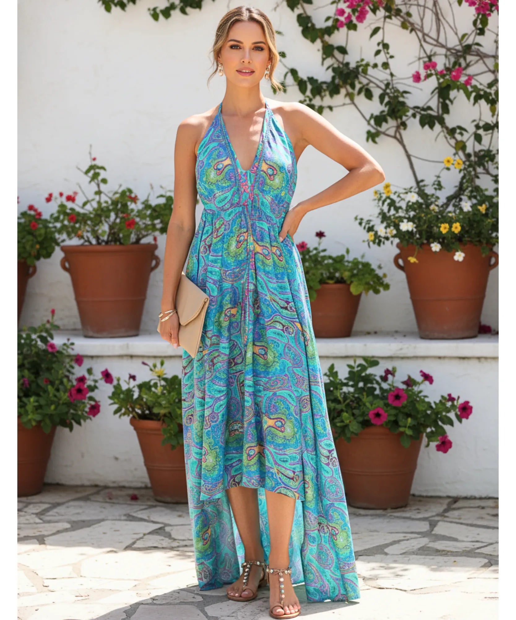 Vestido Indiano Longo Feminino Estampado Boho Casual | Acque