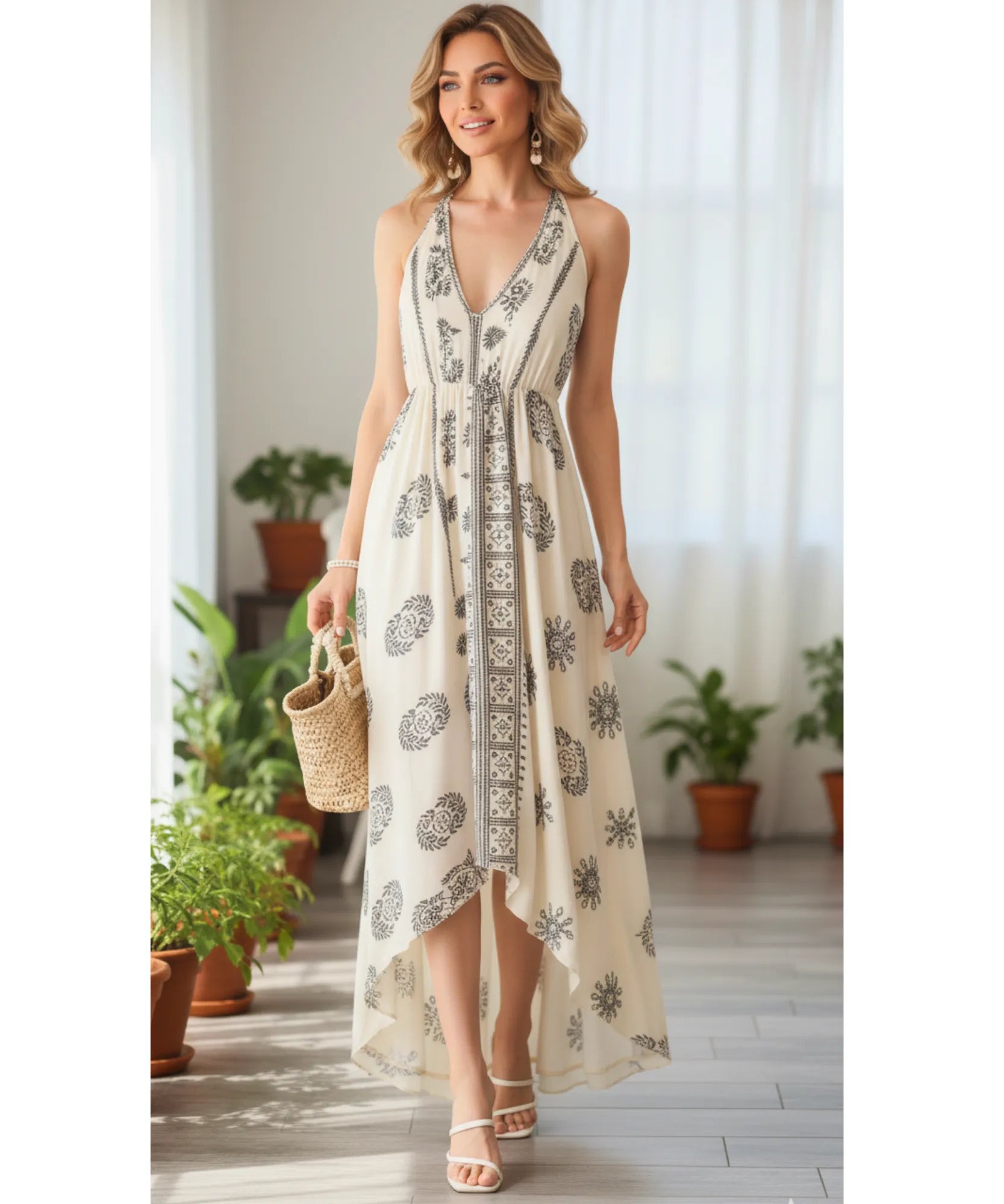 Vestido Indiano Longo Feminino Estampado Boho Casual | Acque