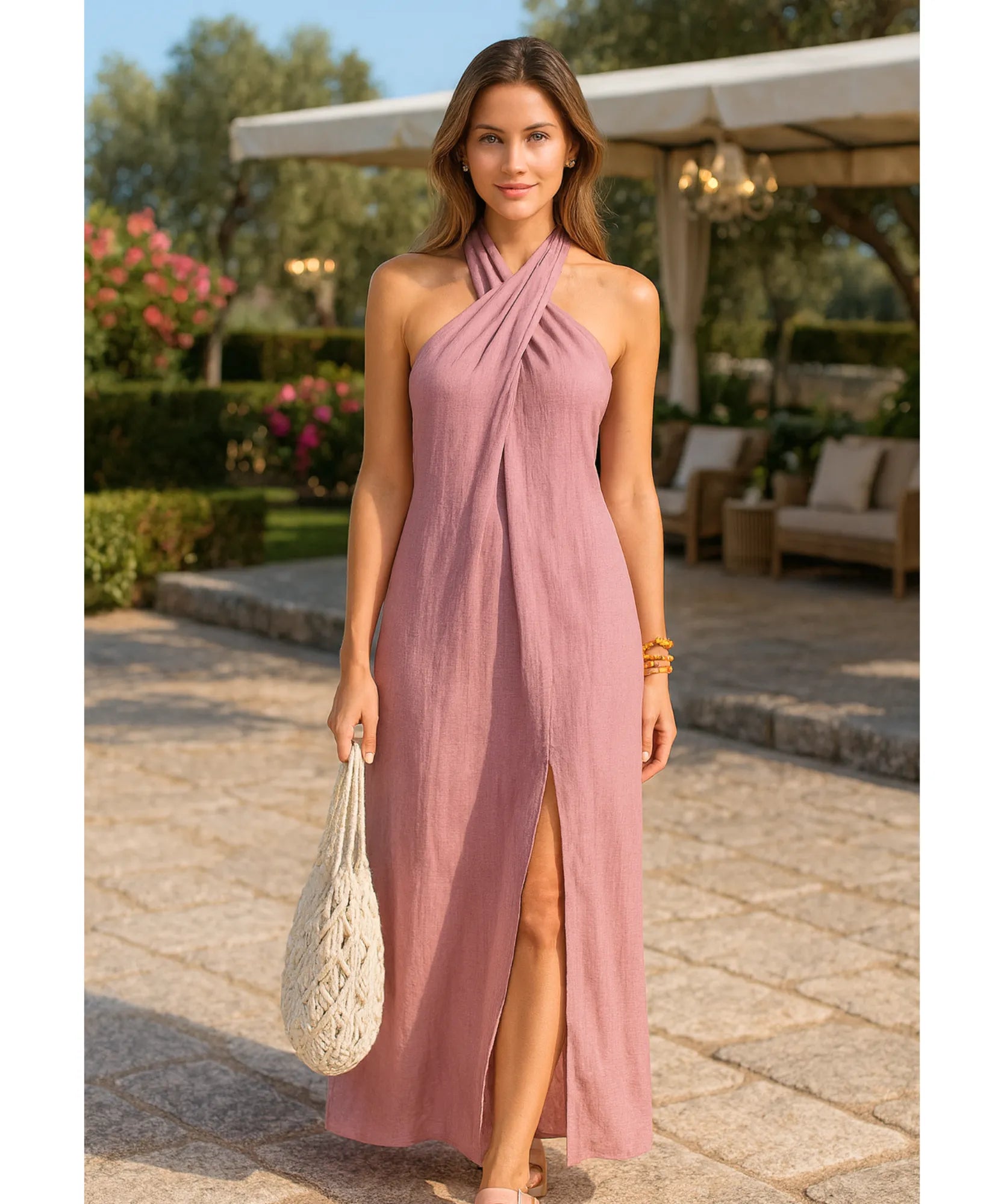 Vestido Longo Rosa Frente Única Linho Verão Elegante | Delin