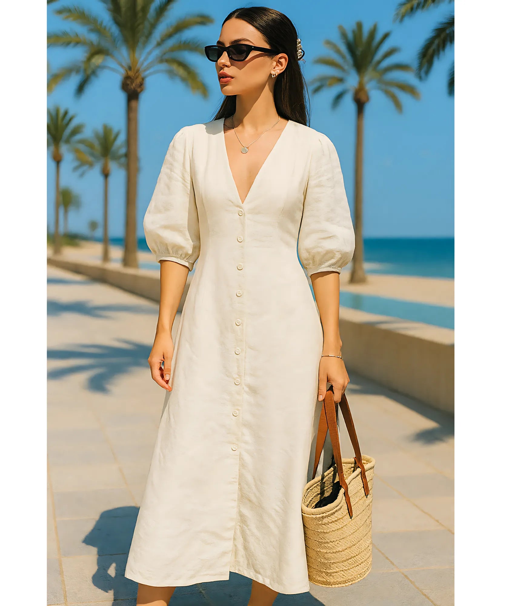 Vestido Midi Off White Feminino Linho Verão | Massie