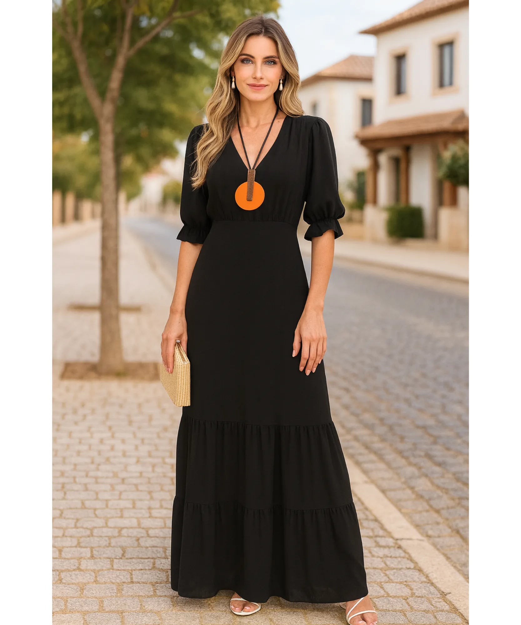 Vestido Longo Preto Manga Curta Feminino Elegante Babados | Elo