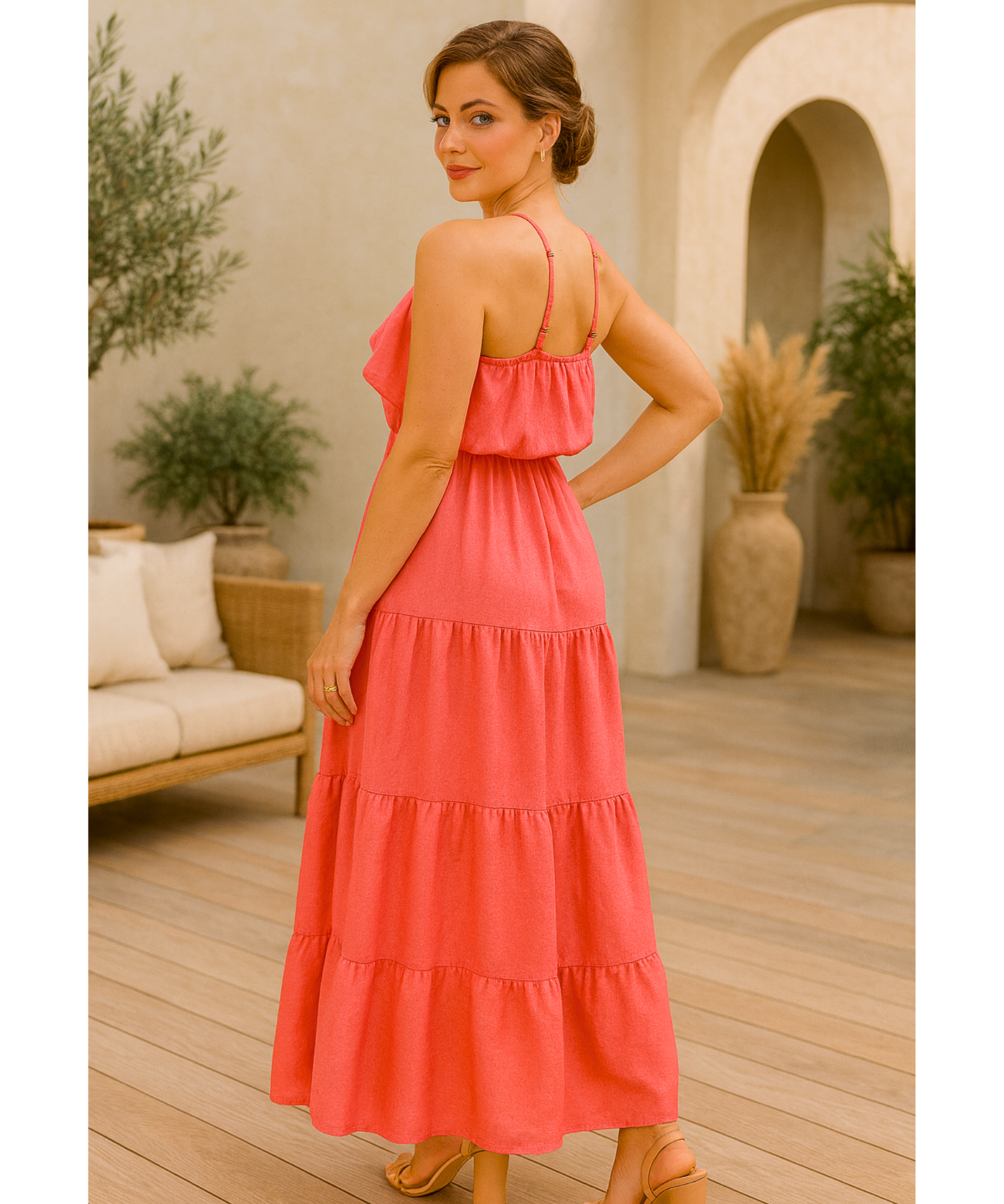Vestido Longo Rosa Elegante Babados Festa Frente Única | Lali