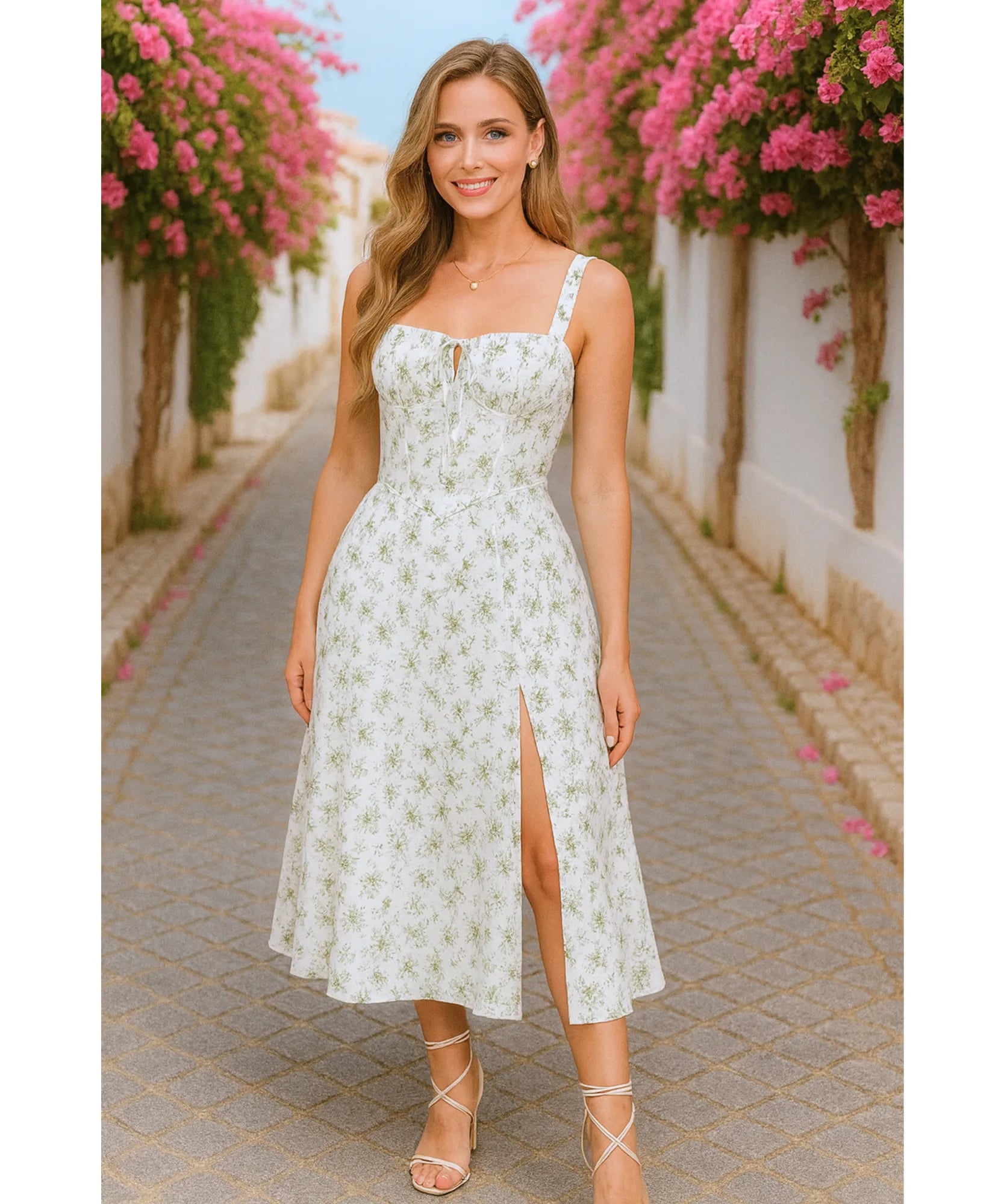Vestido Midi Floral Alças Amarração Costas Festa Elegante | Empire