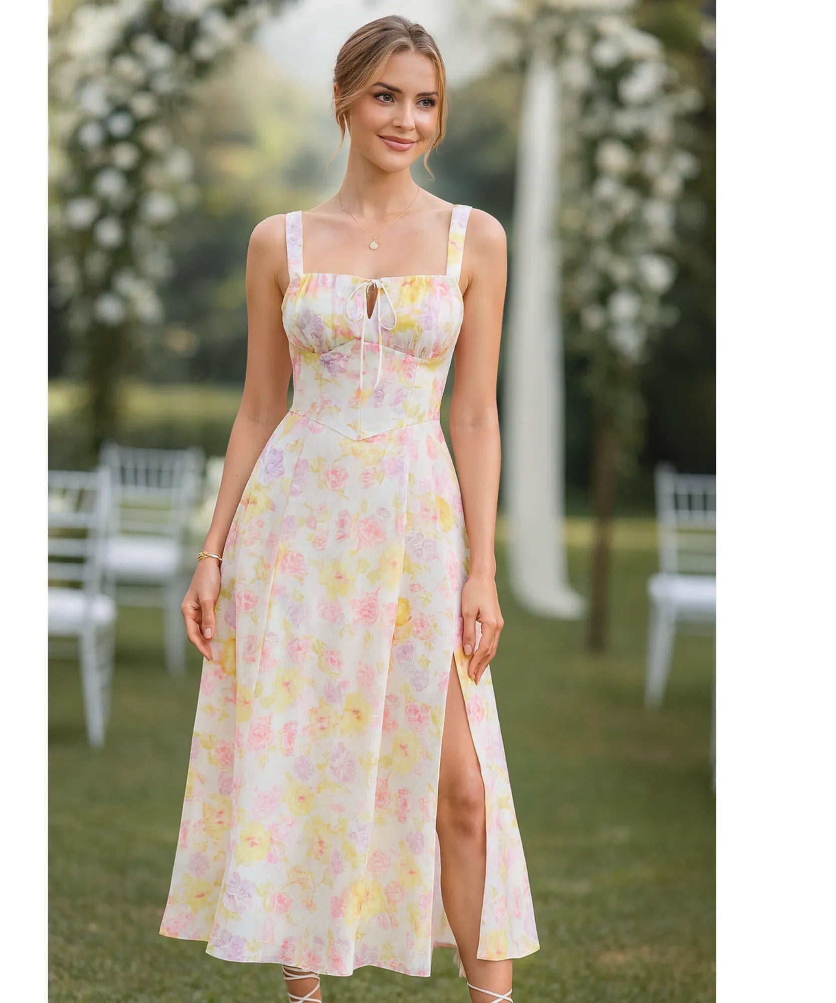 Vestido Midi Floral Alças Amarração Costas Festa Elegante | Empire