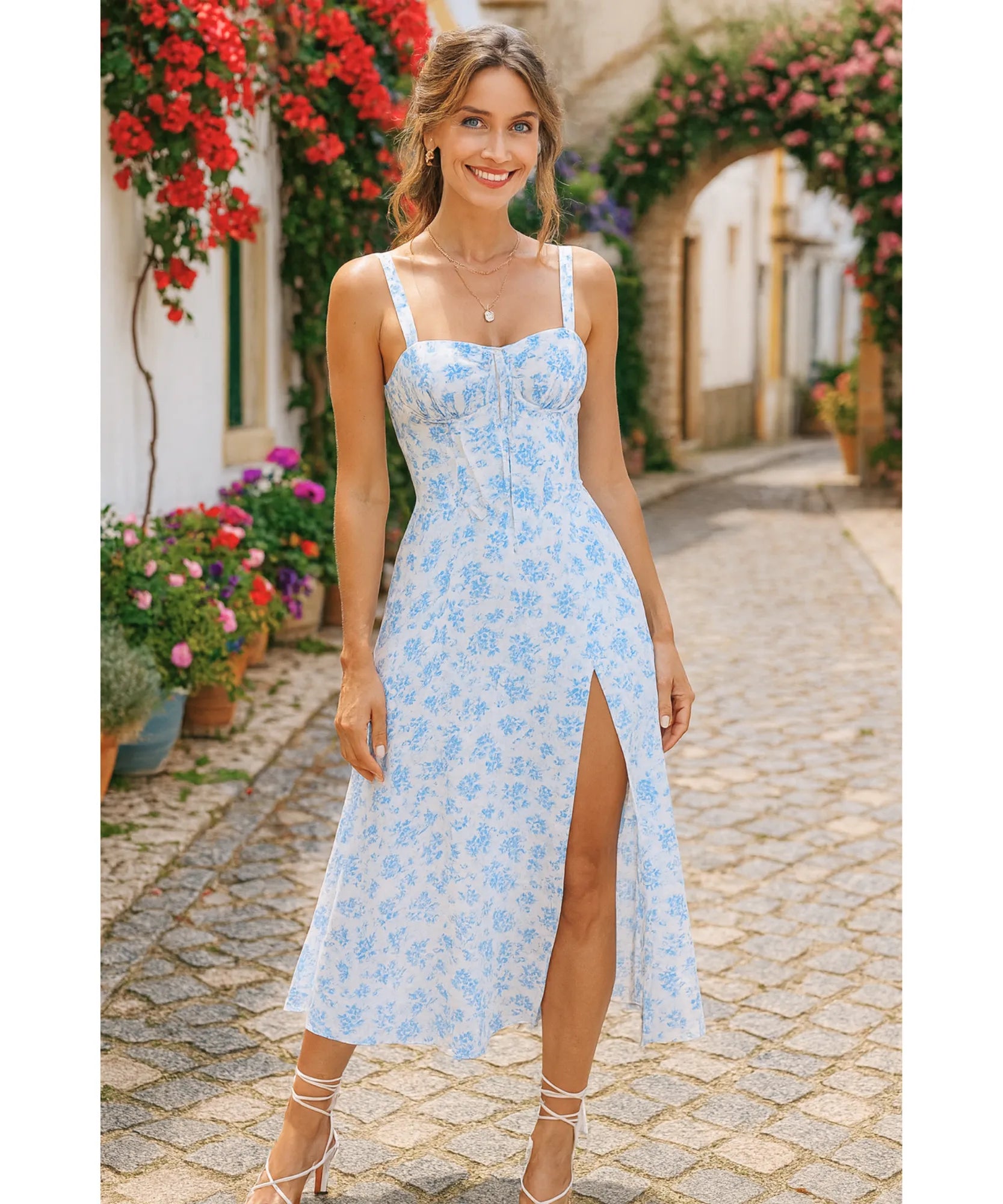 Vestido Midi Floral Alças Amarração Costas Festa Elegante | Empire