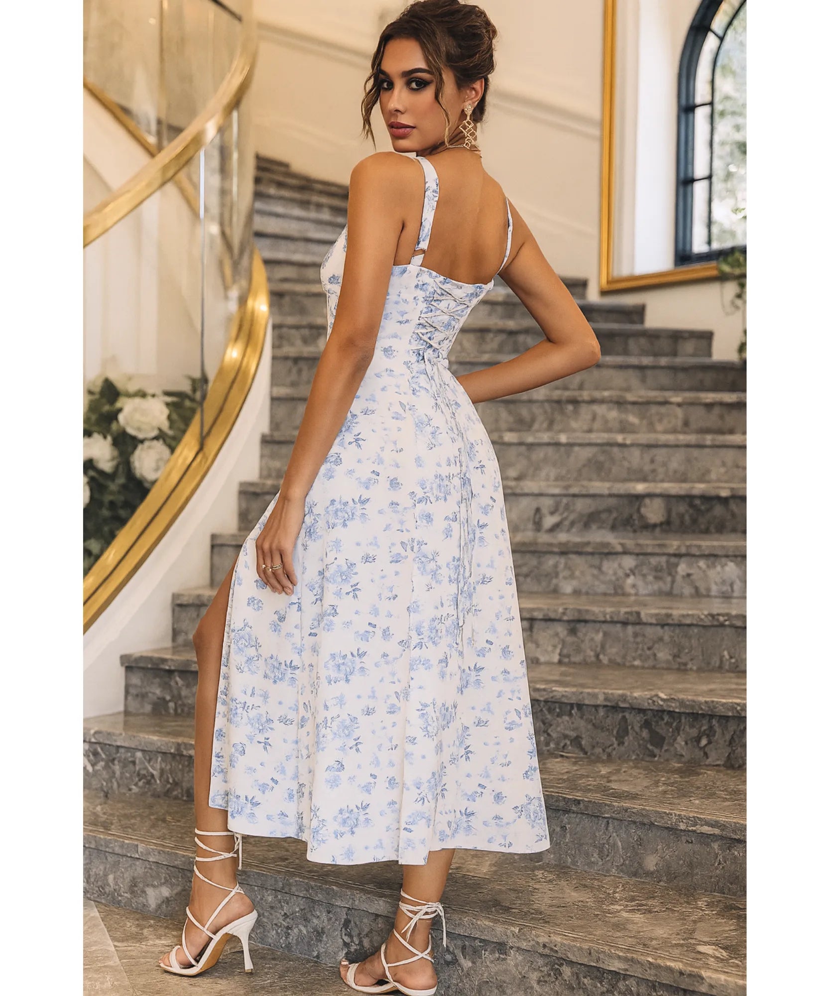 Vestido Midi Floral Alças Amarração Costas Festa Elegante | Empire