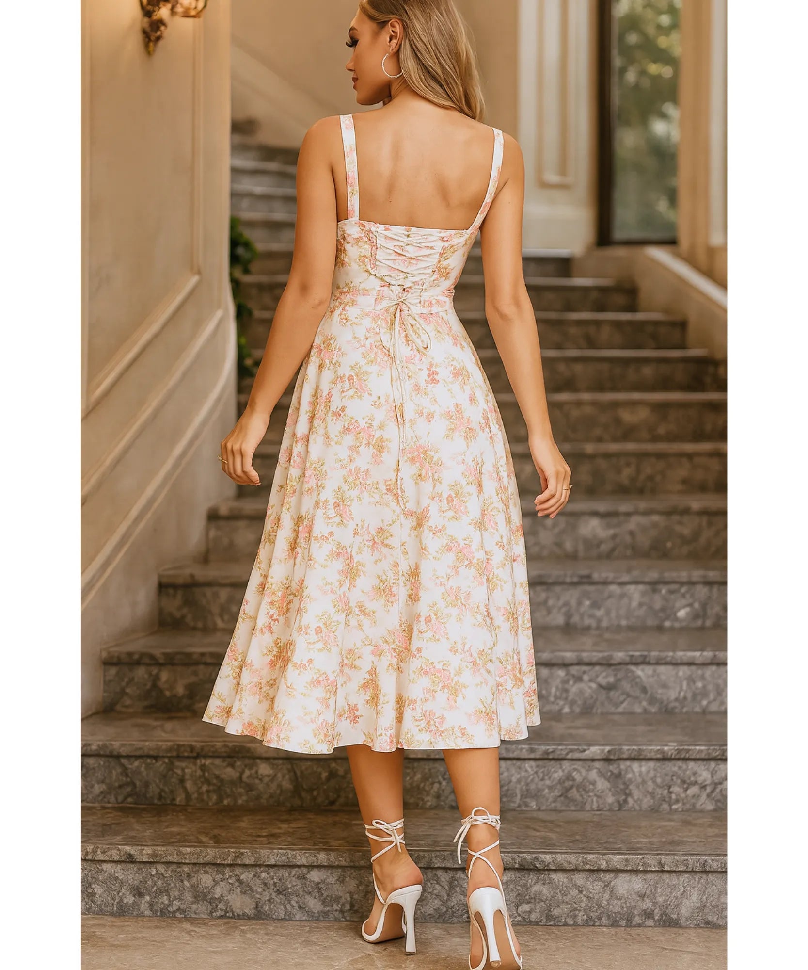 Vestido Midi Floral Alças Amarração Costas Festa Elegante | Empire