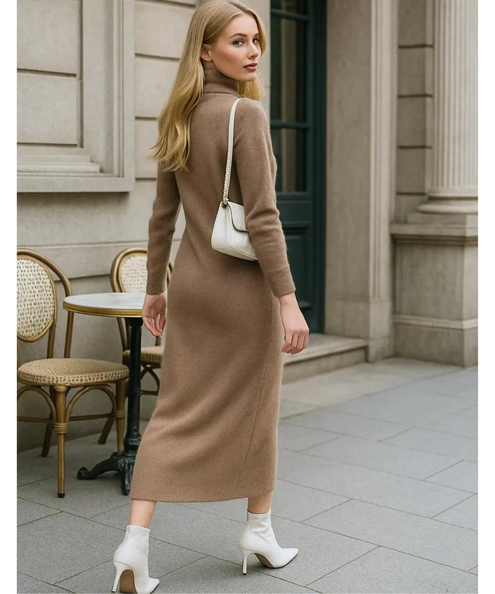 Vestido Longo de Tricot com Gola Alta Feminino Elegante | Jamila