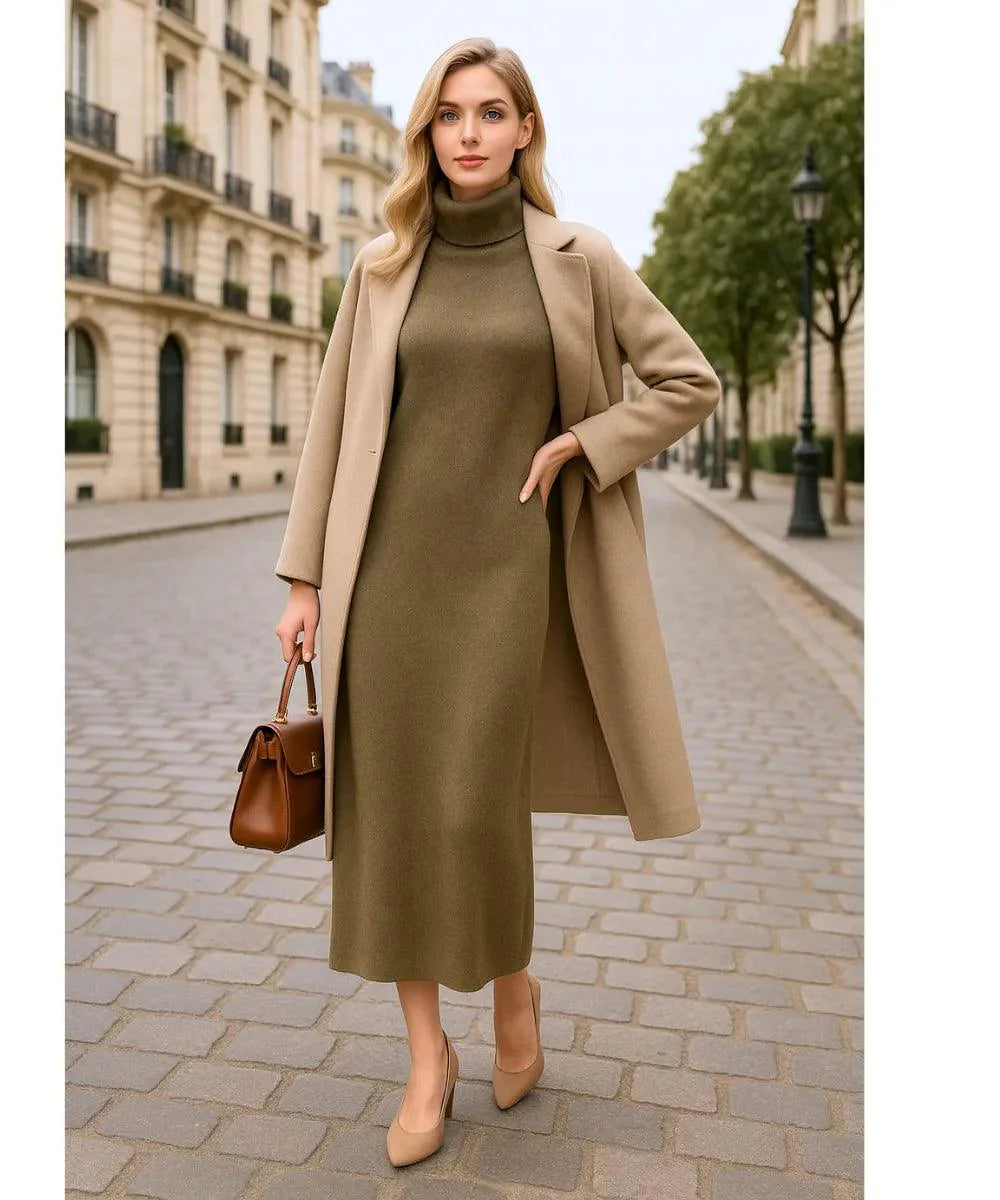 Vestido Longo de Tricot com Gola Alta Feminino Elegante | Jamila