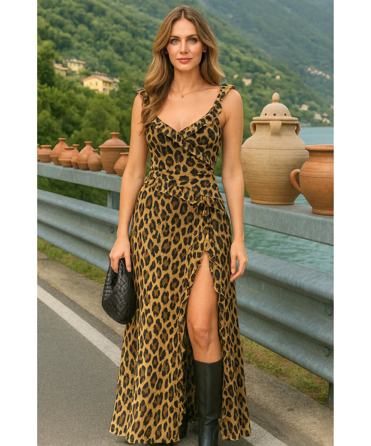 Vestido Longo Elegante Estampado Animal Print com Fenda | Riley