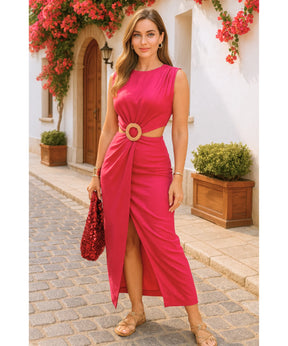 Vestido Midi Recorte Cintura Feminino Cinto Elegante Verão | Jena