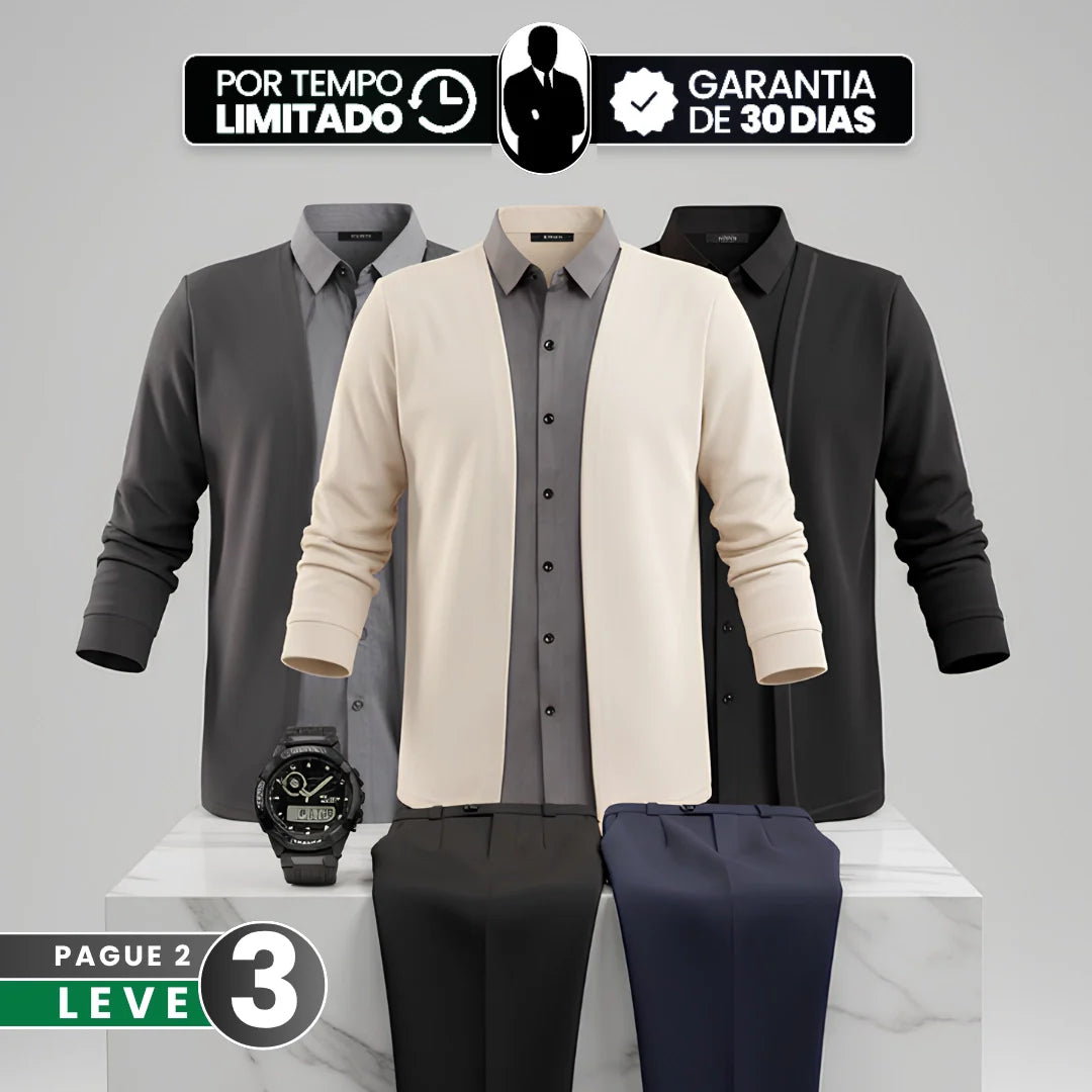 [Leve 3, Pague Só 2] Camisa Dallas Masculina Cardigan em Algodão e Poliéster com Gola Camisa e Design 2 em 1 + BRINDES