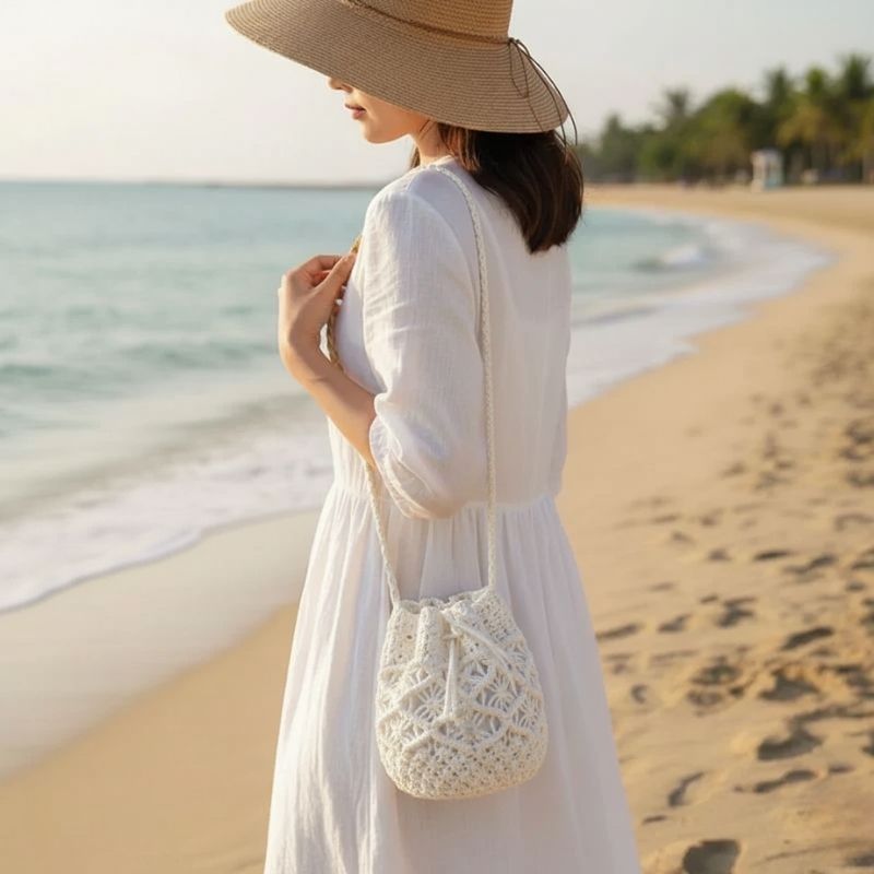Bolsa de Crochê de Praia Branca Bucket