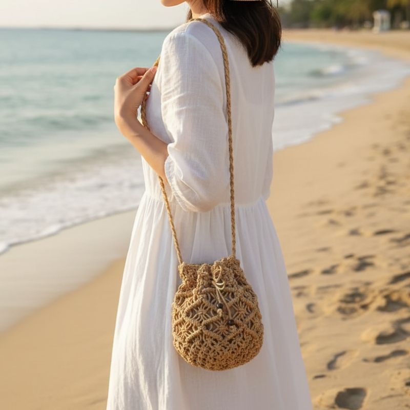 Bolsa de Crochê de Praia Marrom Bucket