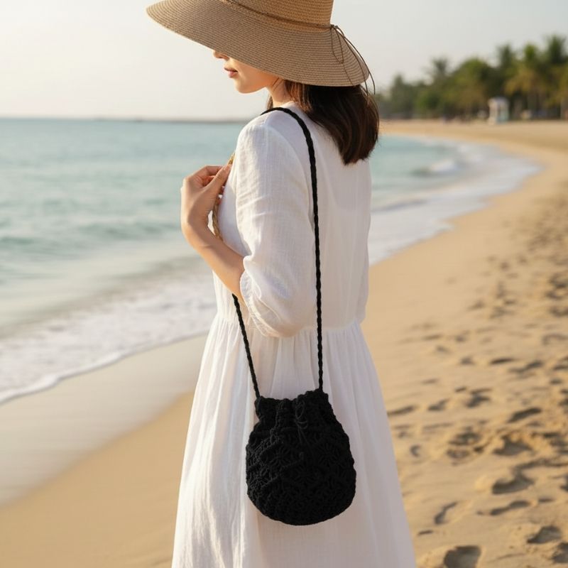 Bolsa de Crochê de Praia Preta Bucket