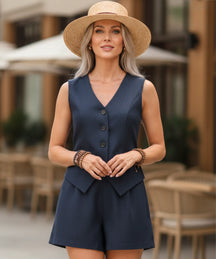 Conjunto Feminino Alfaiataria Colete e Short Linho | Fefa