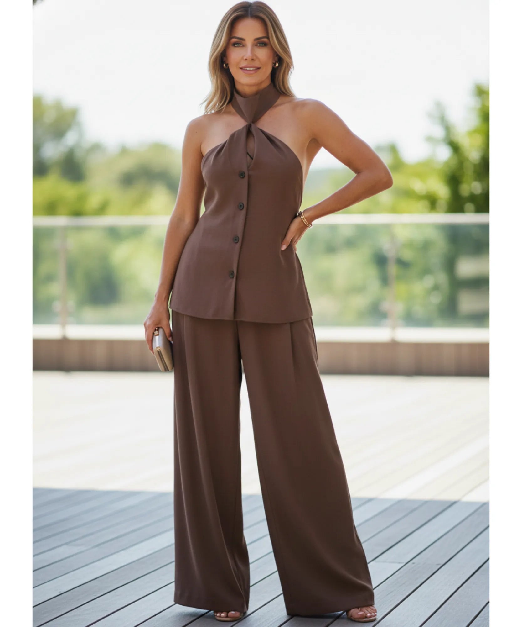 Conjunto Feminino Calça Pantalona e Blusa Amarração Casual | Bia