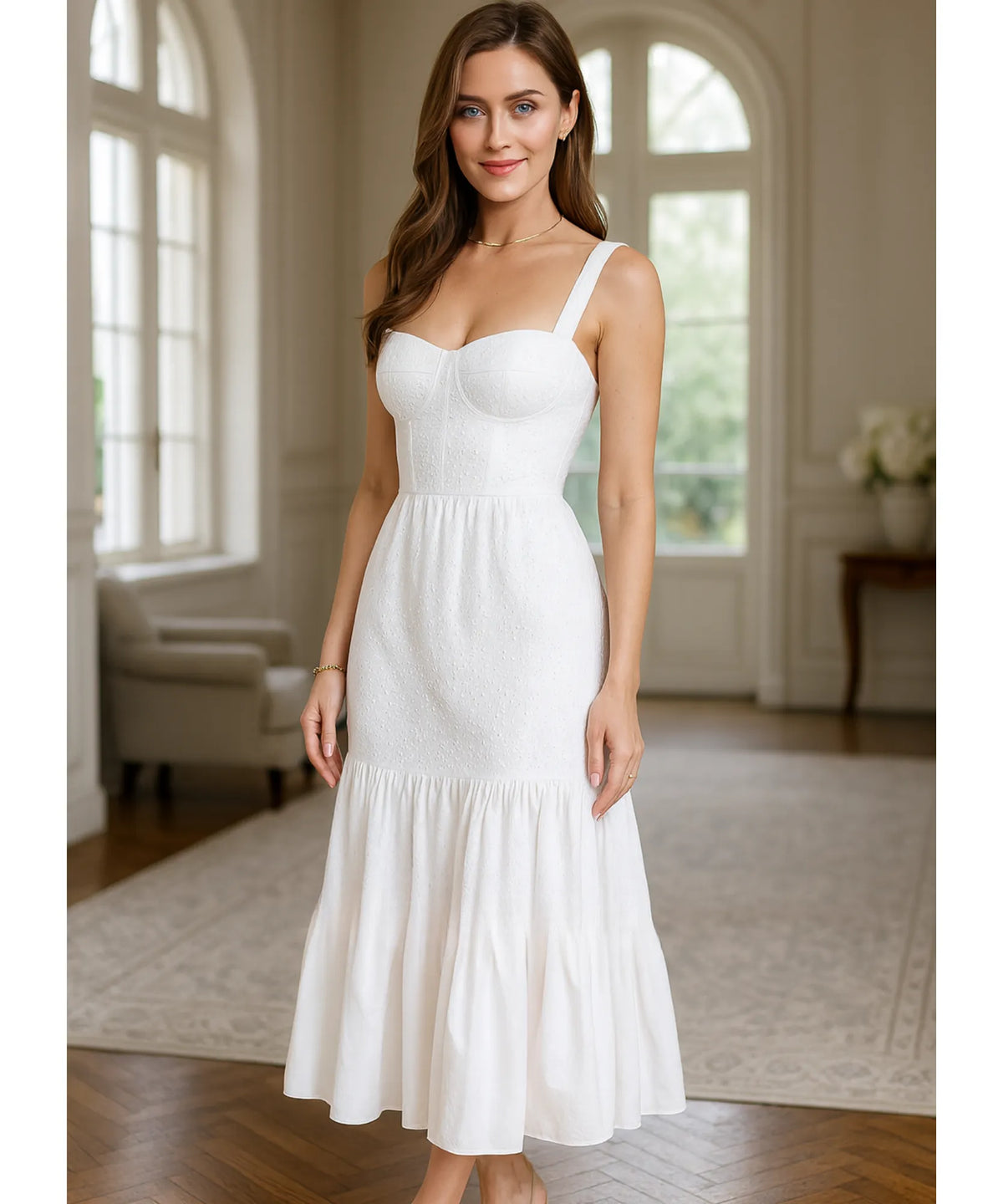 Vestido Branco Midi Feminino Laise Elegante Verão | Greta