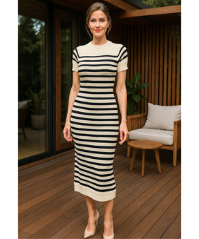 Vestido Feminino Tricot Canelado Listrado Justo Verão | Neli