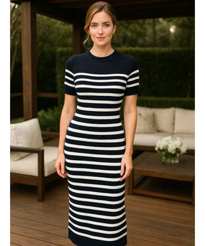 Vestido Feminino Tricot Canelado Listrado Justo Verão | Neli