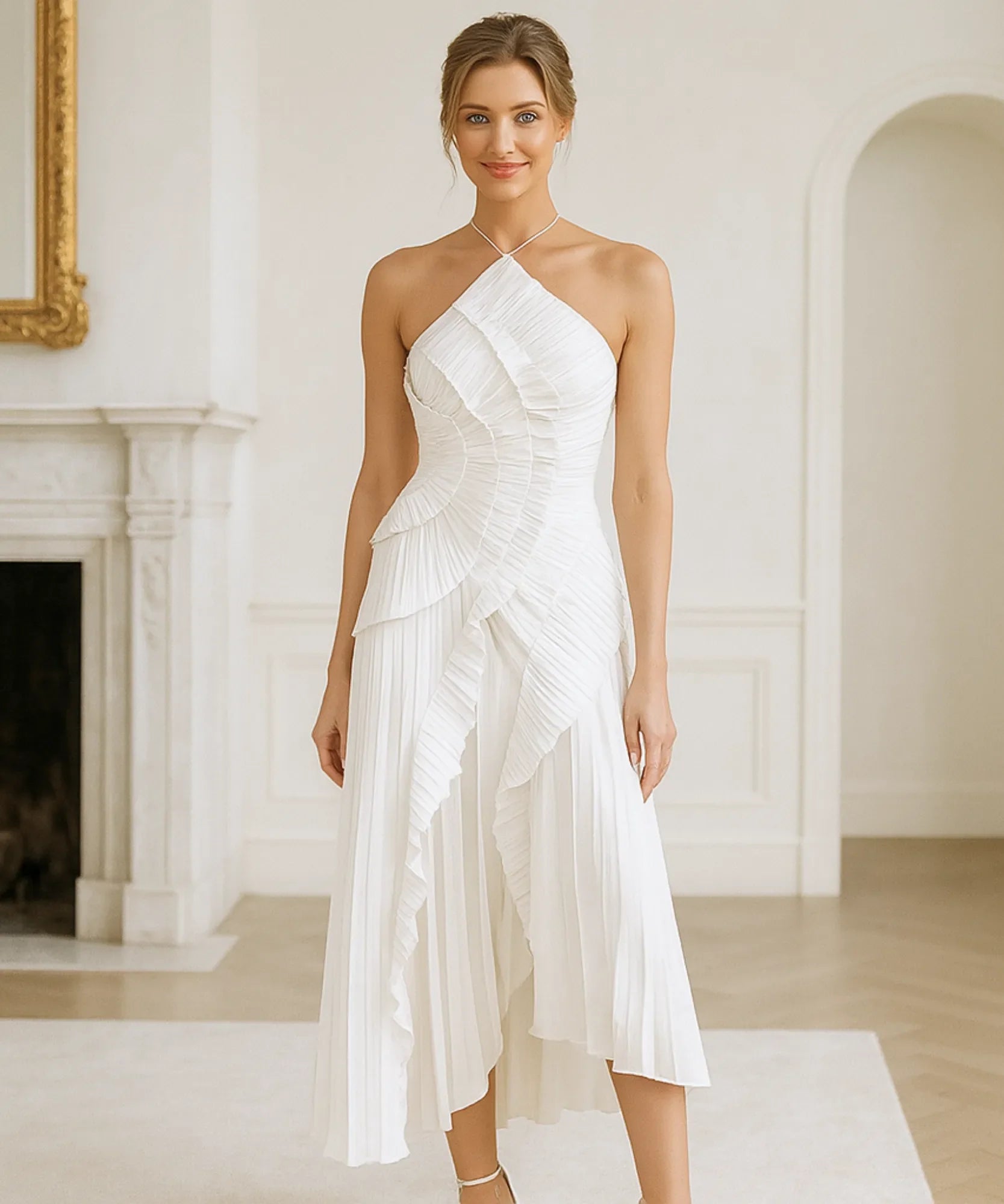 Vestido de Festa Midi Frente Única Plissado Elegante Casamento | Classic