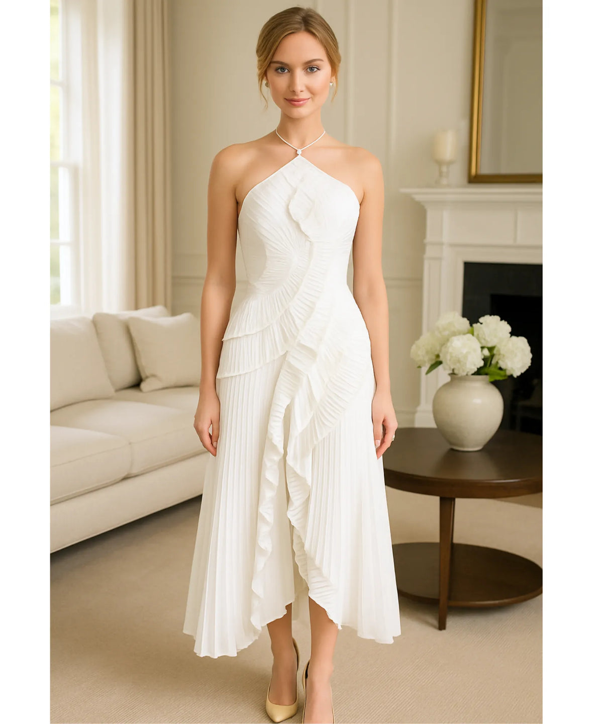 Vestido de Festa Midi Frente Única Plissado Elegante Casamento | Classic