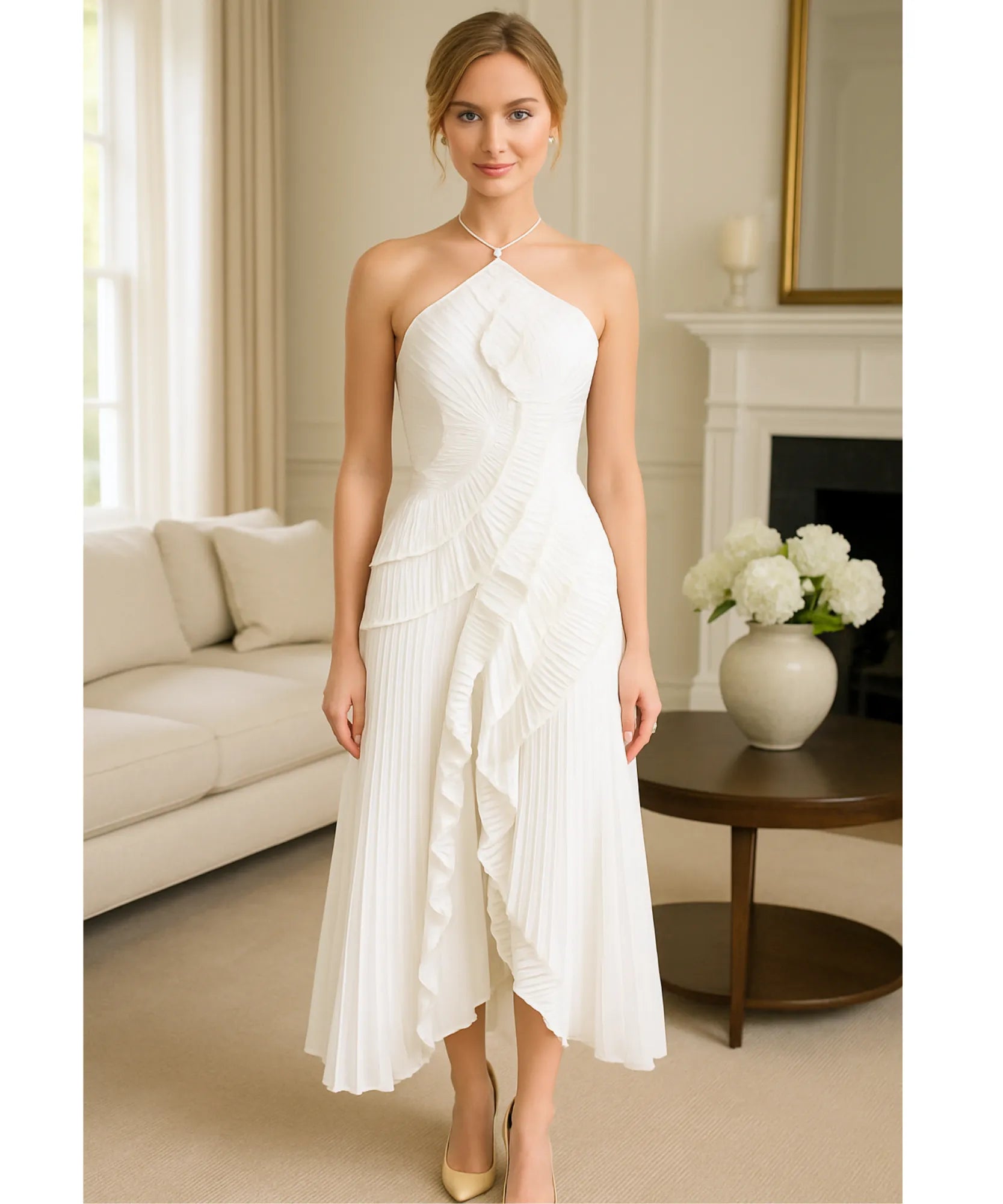 Vestido de Festa Midi Frente Única Plissado Elegante Casamento | Classic