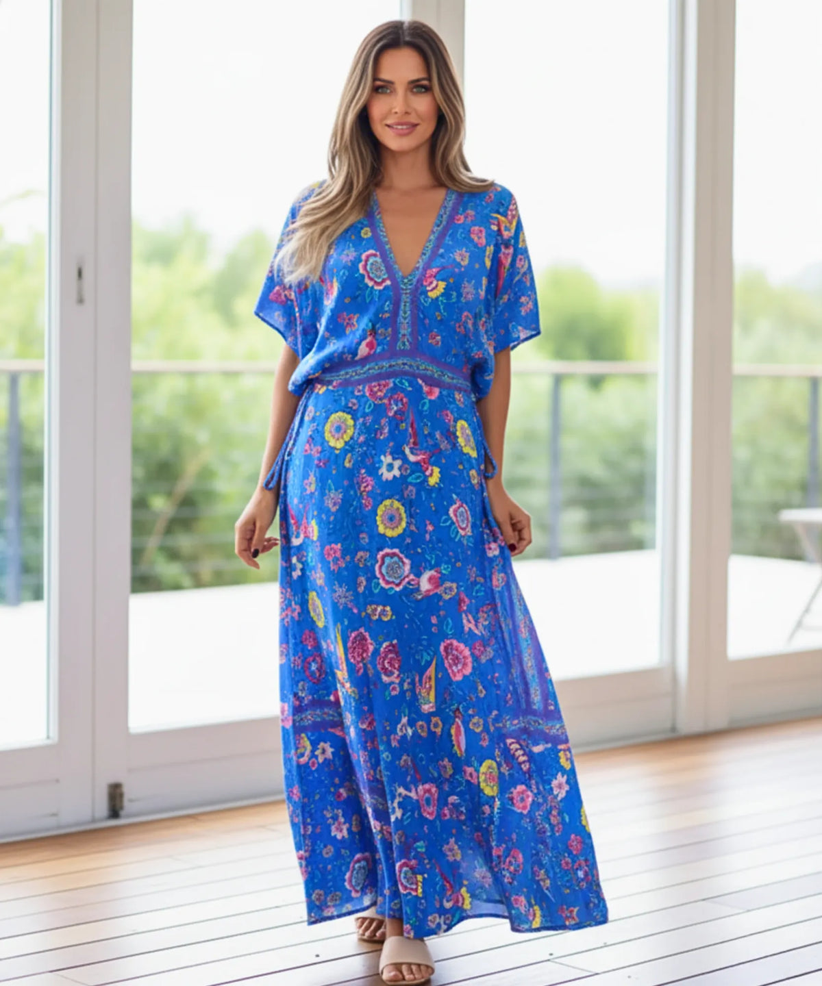 Vestido Longo Boho Feminino Viscose Estampado Mangas Morcego | Tenaz