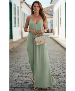 Vestido Longo Chemise Alças Finas Feminino Elegante | Deni