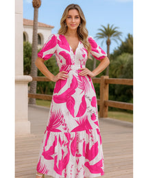 Vestido Longo Estampado Rosa Feminino Elegante Florido | Manu