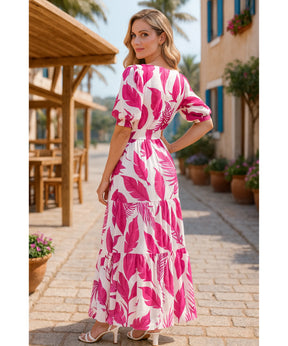 Vestido Longo Estampado Rosa Feminino Elegante Florido | Manu