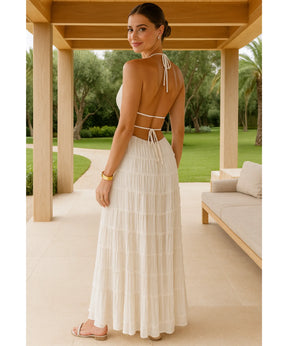 Vestido Longo Branco Plissado Elegante Verão | Ágata