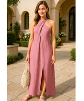 Vestido Longo Rosa Frente Única Linho Verão Elegante | Delin