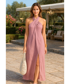 Vestido Longo Rosa Frente Única Linho Verão Elegante | Delin
