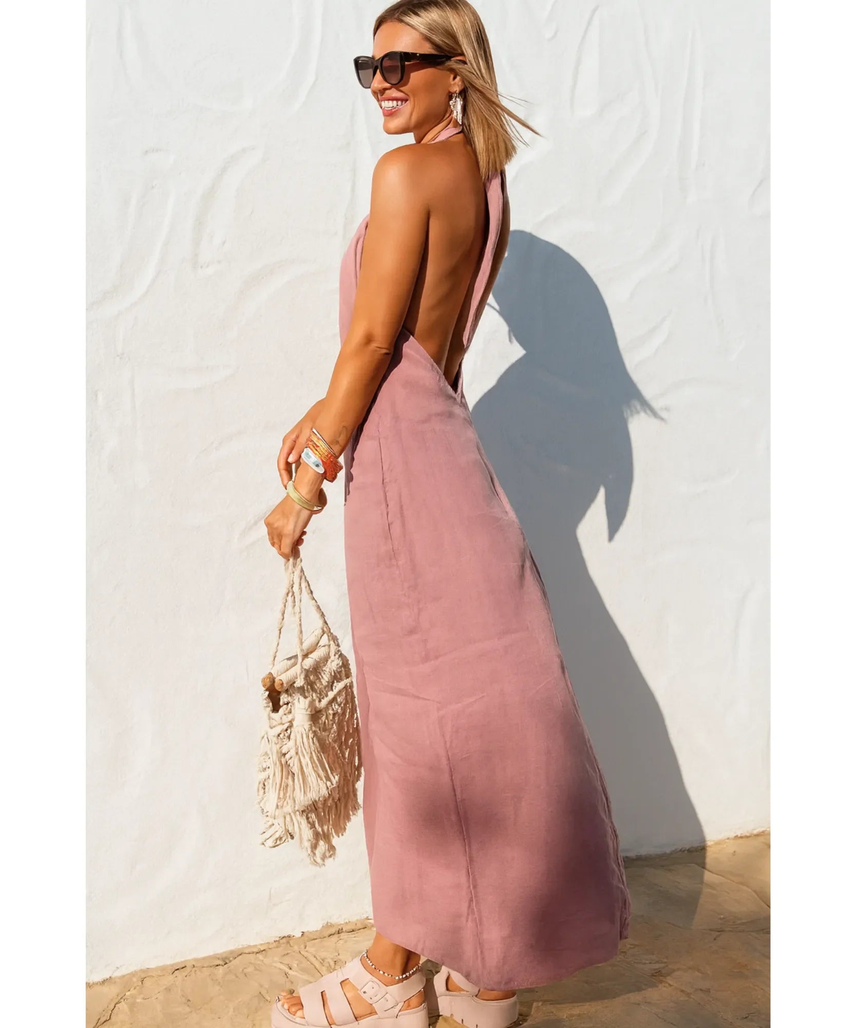 Vestido Longo Rosa Frente Única Linho Verão Elegante | Delin