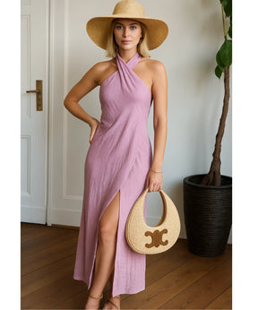 Vestido Longo Rosa Frente Única Linho Verão Elegante | Delin