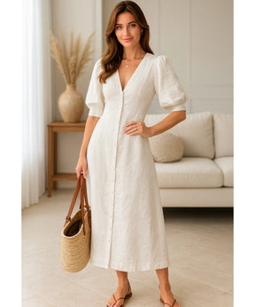 Vestido Midi Off White Feminino Linho Verão | Massie