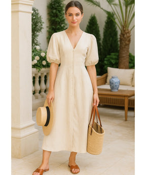 Vestido Midi Off White Feminino Linho Verão | Massie