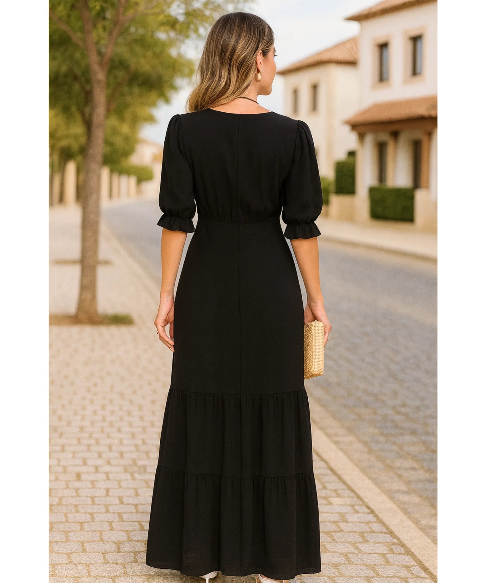 Vestido Longo Preto Manga Curta Feminino Elegante Babados | Elo
