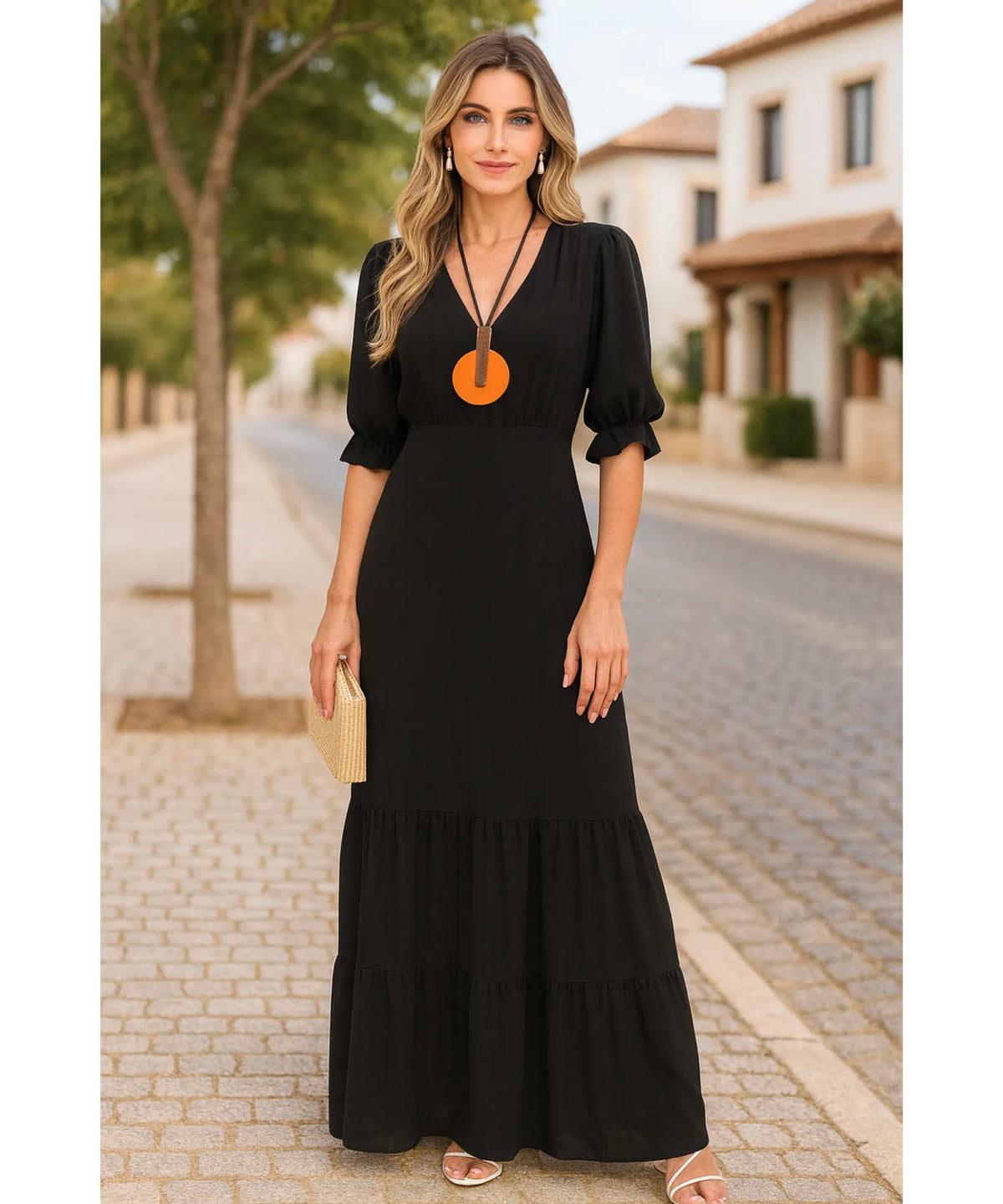 Vestido Longo Preto Manga Curta Feminino Elegante Babados | Elo
