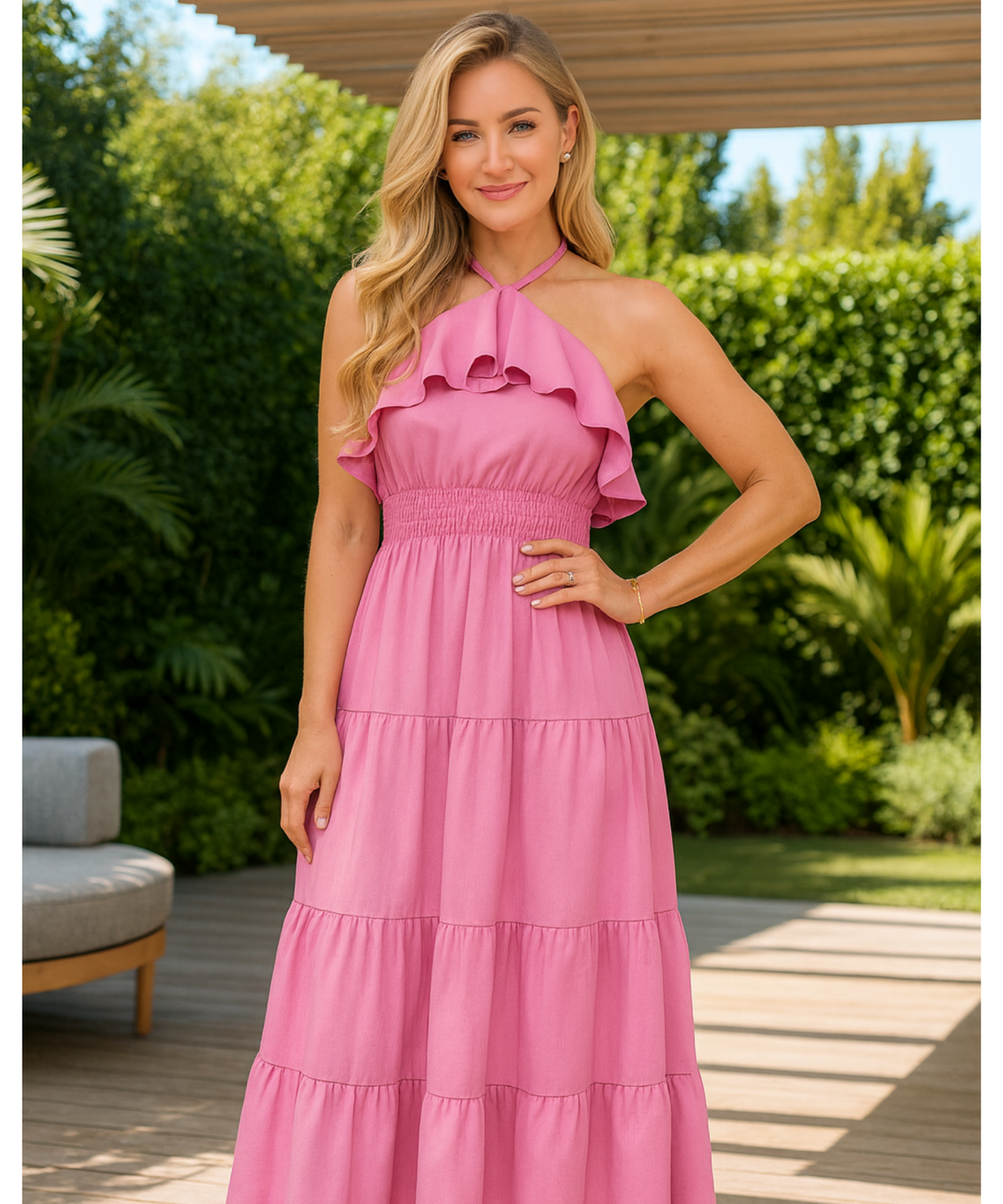 Vestido Longo Rosa Elegante Babados Festa Frente Única | Lali