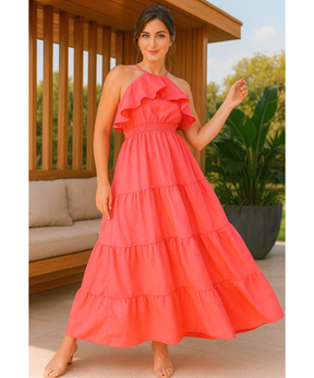 Vestido Longo Rosa Elegante Babados Festa Frente Única | Lali