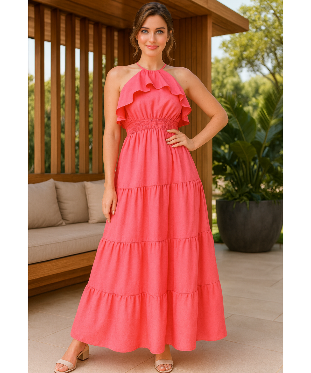 Vestido Longo Rosa Elegante Babados Festa Frente Única | Lali