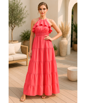 Vestido Longo Rosa Elegante Babados Festa Frente Única | Lali