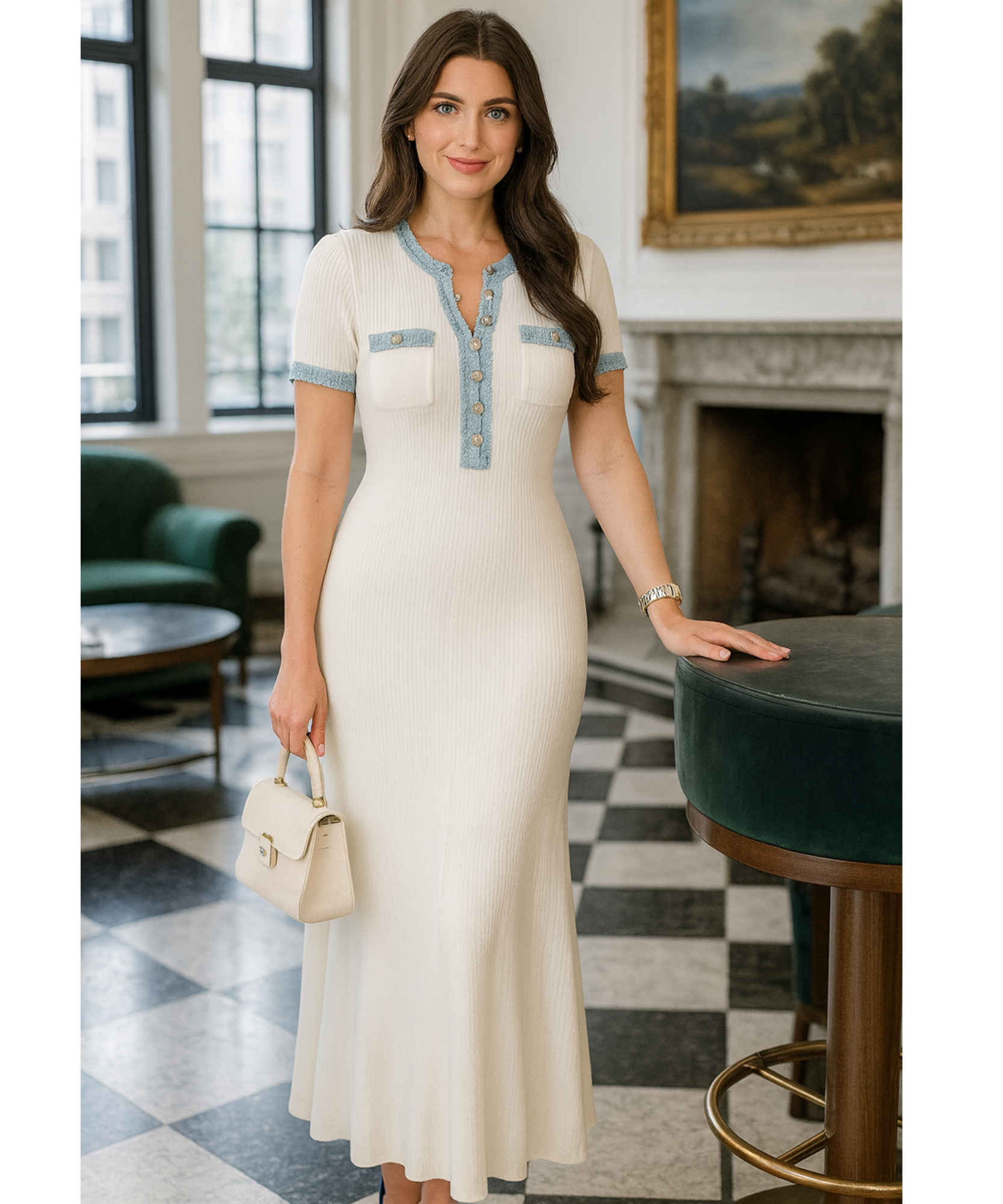 Vestido Midi Branco Canelado Feminino Elegante Verão | Lua